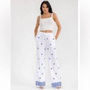 Milk + Honey Wide-Leg Palazzo Embroidery Linen Blend Women Elastic Waist Pants